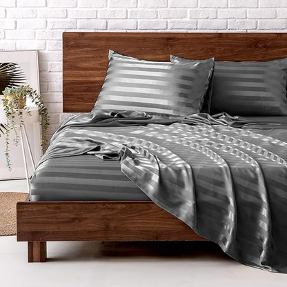 MR&HM Satin Bed Sheets, King Size Sheets Set, 4 Pcs Silky Bedding Set with 15 Inches Deep Pocket for Mattress (King, Dark Grey Striped)
