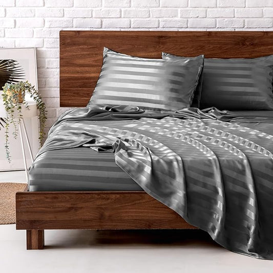 MR&HM Satin Bed Sheets, King Size Sheets Set, 4 Pcs Silky Bedding Set with 15 Inches Deep Pocket for Mattress (King, Dark Grey Striped)