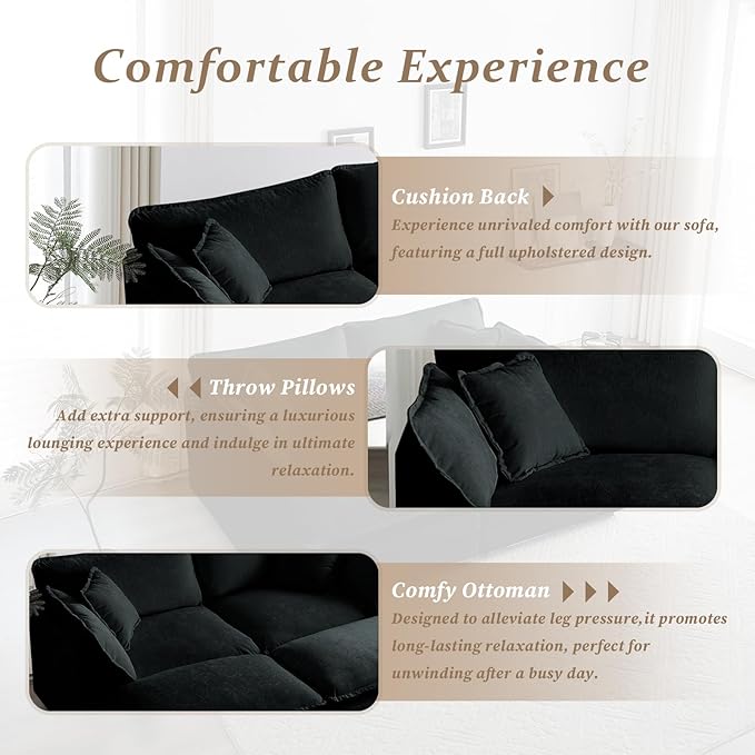 SoarFlash Chenille Sectional Sofa, Comfy Modular Coush Sofa with Ottoman, Modern 2 Seat Recliner Deep Seat Sofa Set for Living Room,Black