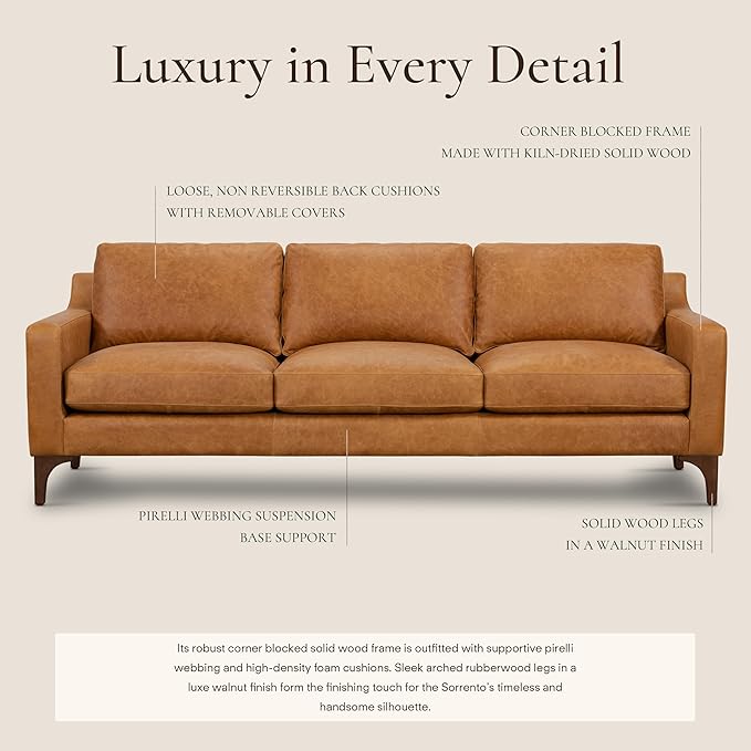Poly & Bark Sorrento Leather Couch - 86 Inch Sofa - Full-Grain Leather Sofa for Living Room with Feather Down Topper - Living Room Couch - Pure Aniline Vintage Italian Leather in Cognac Tan