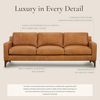 Poly & Bark Sorrento Leather Couch - 86 Inch Sofa - Full-Grain Leather Sofa for Living Room with Feather Down Topper - Living Room Couch - Pure Aniline Vintage Italian Leather in Cognac Tan
