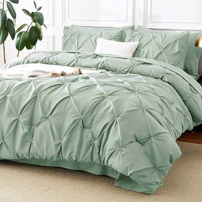 CozyLux Twin XL Comforter Set Sage Green, 5 Pieces Twin Extra Long Pintuck Bed in A Bag for College Dorm, Pinch Pleat Bedding Set with Comforter, Sheets, Pillowcase & Sham