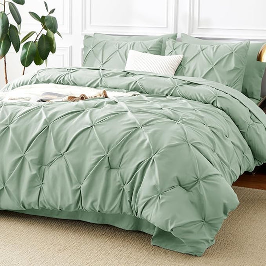 CozyLux Twin XL Comforter Set Sage Green, 5 Pieces Twin Extra Long Pintuck Bed in A Bag for College Dorm, Pinch Pleat Bedding Set with Comforter, Sheets, Pillowcase & Sham