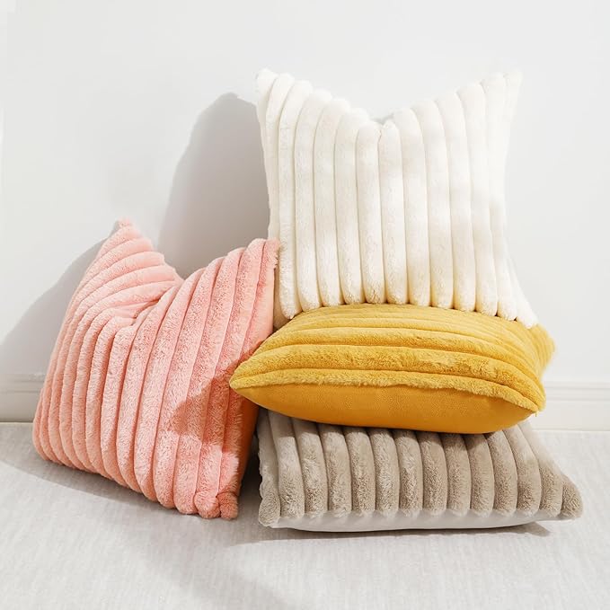 decorUhome Faux Fur Throw Pillow Covers 20x20 Set of 2, Decorative Soft Plush Striped Neutral Euro Pillow Covers with Velvet Back for Bed, Living Room Home Decor, Blush Pink