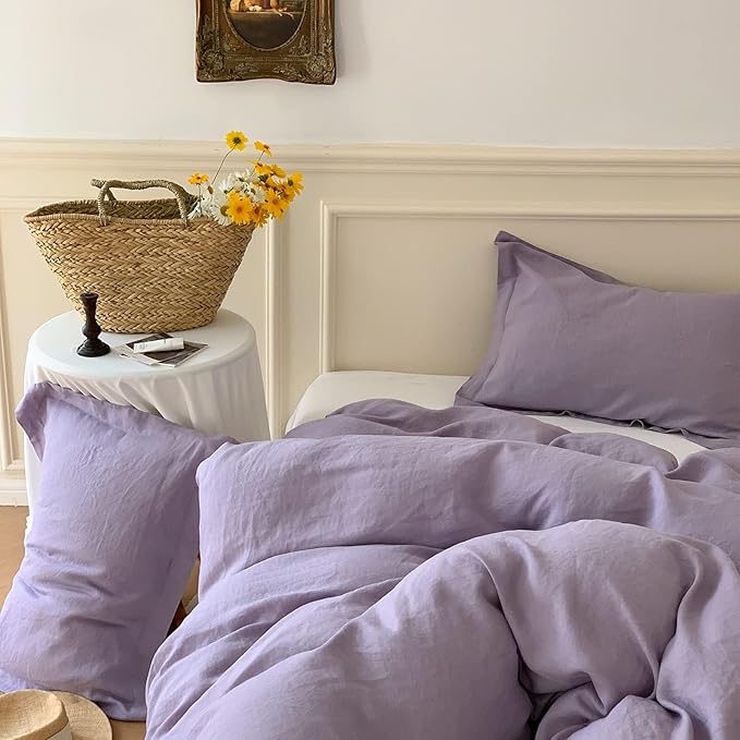 Simple&Opulence 100% Linen Duvet Cover Set with Washed-French Flax-3 Pieces Solid Color Basic Style Bedding Set-Breathable Soft Comforter Cover with 2 Pillowshams (Full, Lilac)