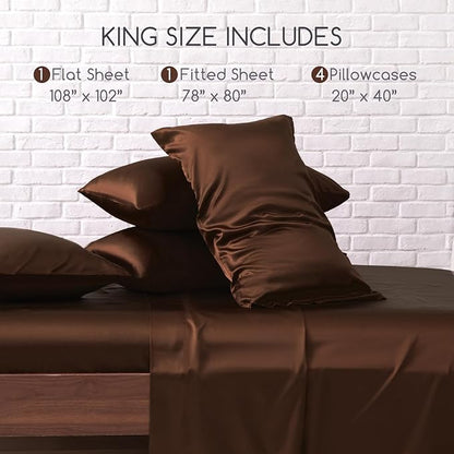 MR&HM Satin Bed Sheets, King Size Sheets Set, 6 Pcs Silky Bedding Set with 15 Inches Deep Pocket for Mattress (King, Brown)