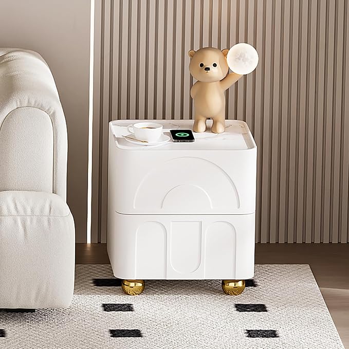 homary Modern White Nightstand with 2 Drawers, Wireless Charging and Sintered Stone Top, Smart Bedside Table for Bedroom Living Room