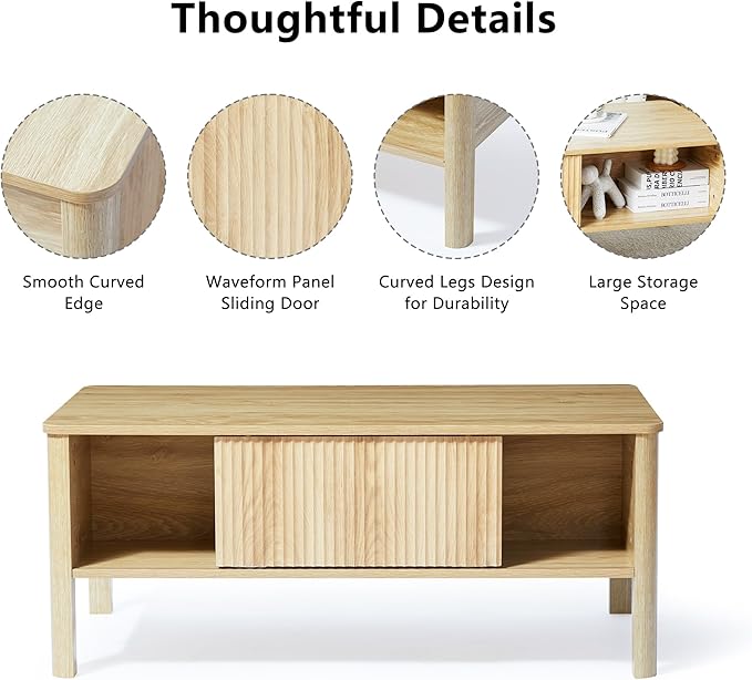 Mid-Century Modern Rectangular Wood Coffee Table with Dual Storage Shelf, Storage Center Coffee Tables with Waveform Panel Sliding Door for Living Room Apartment(Natural)