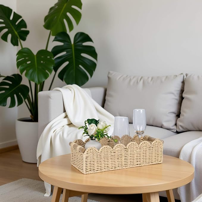 CubesLand Scalloped Edge Toilet Paper Storage Basket, Living Room Home Cozy Decor Basket, Paper Rope Small Baskets for Over Toilet Storage Shelf, Shelves, with 2 Wooden Handles, Beige