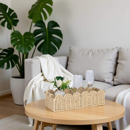 CubesLand Scalloped Edge Toilet Paper Storage Basket, Living Room Home Cozy Decor Basket, Paper Rope Small Baskets for Over Toilet Storage Shelf, Shelves, with 2 Wooden Handles, Beige