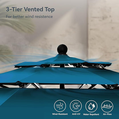 PHI VILLA 10ft Outdoor Patio Umbrellas for Outside, 3 Tier Vented Market Table Umbrella Windproof for Backyard, Deck, Garden, 1.5" Pole, Cyan（No Base）