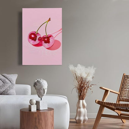 APJYM Trendy Hot Pink Disco Ball Cherry Wall Art, Preppy Room Decor, Y2K Room Decor, Funky Y2K Aesthetic Wall Art for Girls Bedroom Dorm Apartment, 16x24 Inches Framed