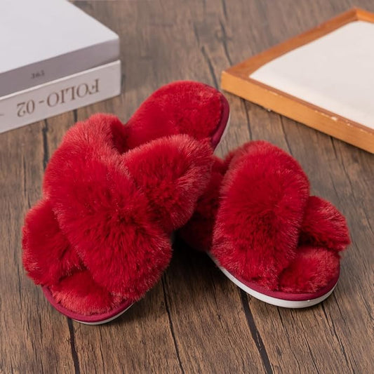 Women's Slipper Memory Foam Cross Band Fuzzy Slippers Open Toe Cozy House Slippers Cozy Plush Bedroom Indoor Outdoor
