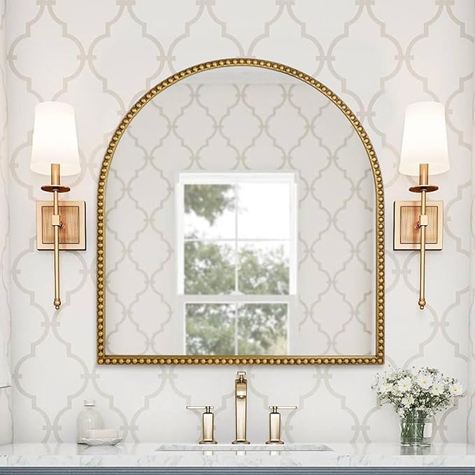 33x31 Inch Arched Bathroom Mirror, Antique Gold Wall Mirror Metal Beaded Frame, Vanity Mirror for Dresser Living Room Bedroom Mantel Entryway Hallways