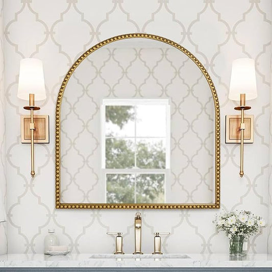 33x31 Inch Arched Bathroom Mirror, Antique Gold Wall Mirror Metal Beaded Frame, Vanity Mirror for Dresser Living Room Bedroom Mantel Entryway Hallways
