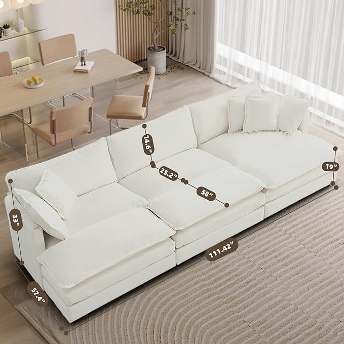 SoarFlash Chenille Sectional Sofa, Comfy Modular Coush Sofa with Ottoman, Modern 3 Seat Recliner Deep Seat Sofa Set for Living Room,White