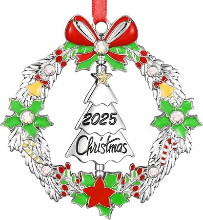 Christmas Ornament 2025 Decoration for Xmas Tree Hanging Metal Christmas Wreath with Rotatable Tree Dated 2025 Shiny Silver Ornaments Holiday Decorative Xmas Gifts for Family Friends