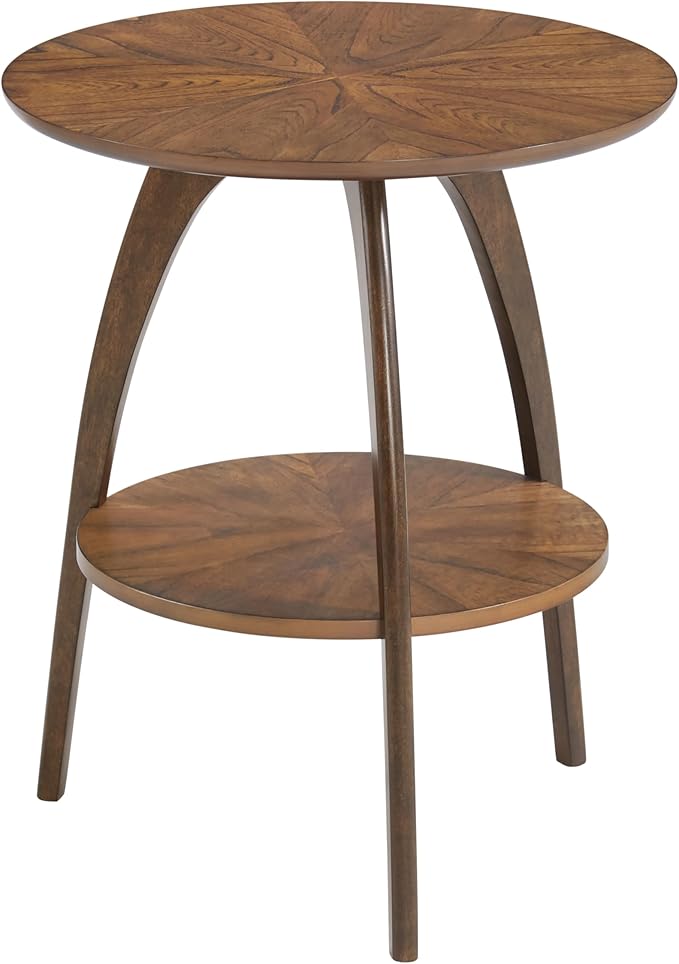 Martin Svensson Home LAX Retro Mid-Century Modern Round Wood End Table, Solid Grain Side Table with Lower Shelf, Small Accent Table for Living Room or Nightstand. Caramel Brown Top & Walnut Legs
