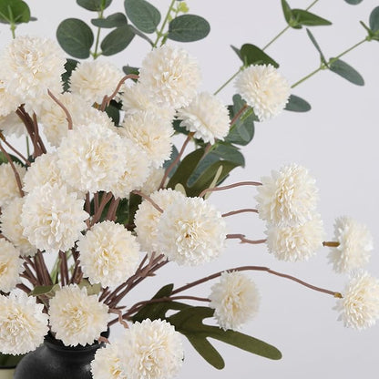 Faux White Kiku Flowers 10 Stems & 2 Eucalyptus,Fake Mums Flower Autumn Artificial Chrysanthemums Mini Ball Floral for Table Centerpieces,Silk Fall Faux Mums Flower for Vase Wedding Arrangements Decor