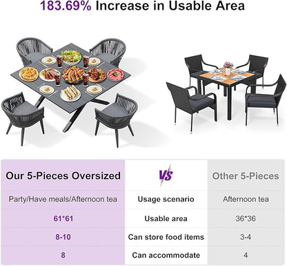 PURPLE LEAF 5 Pieces Oversized Square Outdoor Dining Set with Patio Aluminium Dining Table and Wicker Chairs Modern Furniture Cushions Sets for Backyard Indoor Decor Kitchen Gray