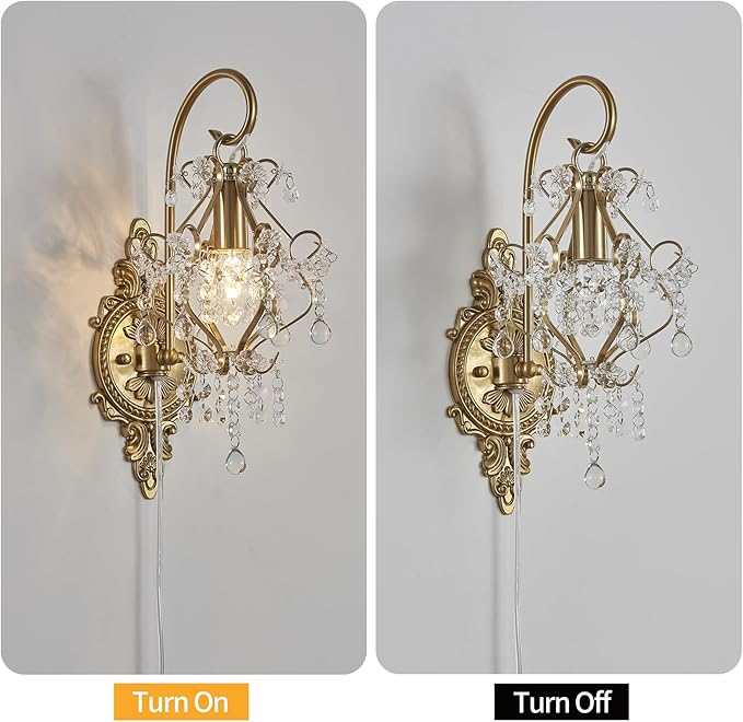 Gold Crystal Vintage Plug in Wall Sconces Set of 2 Indoor Wall Light Fixture, Modern Wall Mount Lamp Light for Bedroom Living Room Bathroom Vanity Light Hallway Light Fixture Decor LED E12