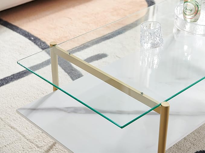 AGV LIGHTING Tadio Glass Coffee Table, Mid-Century Modern Coffee Table for Living Room, Gold Finish Leg, Clear Glass Top & Faux Marble Shelf, 41 in