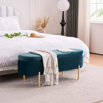 Velvet Storage Bench for Bedroom Upholstered End of Bed Bench Modern Ottoman with Gold Legs for Living Room/Window/Entryway (Teal/Blue-Green, Oval-45.5" W)