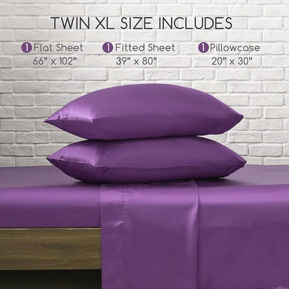 MR&HM Satin Bed Sheets, Twin XL Size Sheets Set, 3 Pcs Silky Bedding Set with 15 Inches Deep Pocket for Mattress (Twin XL, Lavender)