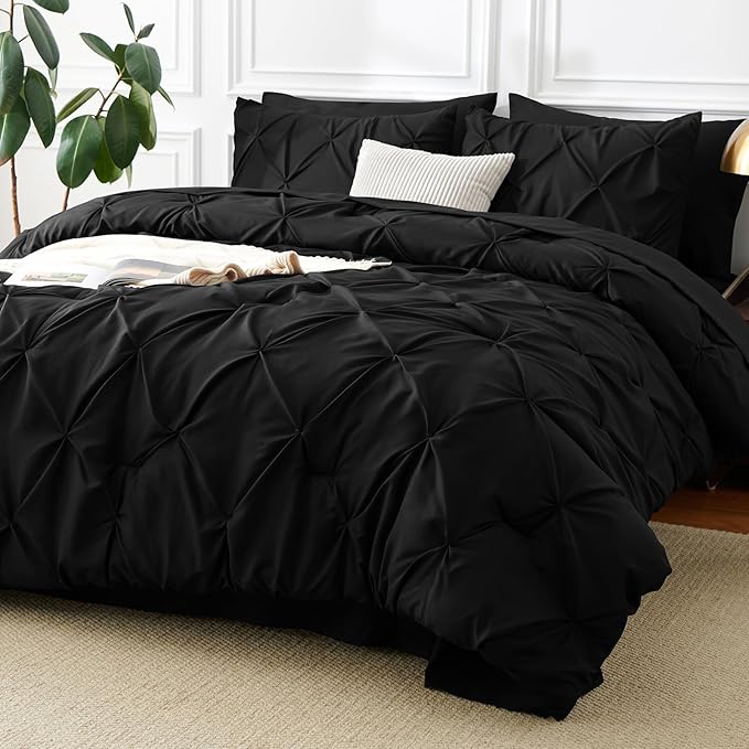 CozyLux Twin Comforter Set with Sheets Black, 5 Pieces Pintuck Bed in A Bag, Twin Bed Set Gift for Family, Pinch Pleat Bedding Set with Comforter, Sheets, Pillowcase & Sham