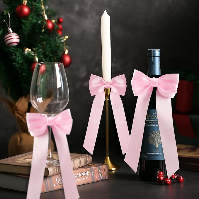 AYGXU 24pcs Twist Tie Bows,Christmas Bow,Pink Bows for Christmas Tree Decorations,Double-Sided Ribbon Bow Decorations for Christmas Party,Bag Ties Twists