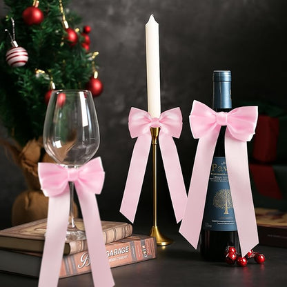 AYGXU 24pcs Twist Tie Bows,Christmas Bow,Pink Bows for Christmas Tree Decorations,Double-Sided Ribbon Bow Decorations for Christmas Party,Bag Ties Twists