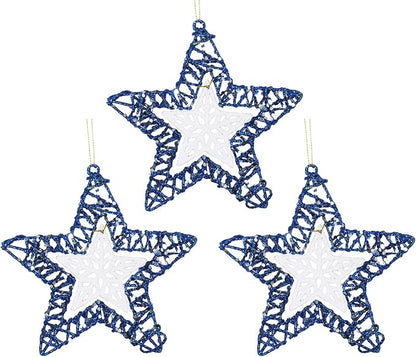 Set of 3 Star Christmas Hanging Ornaments, Glitter Star for Holiday Decorations, Winter Christmas Window Hanging - 6" Diameter (Blue)