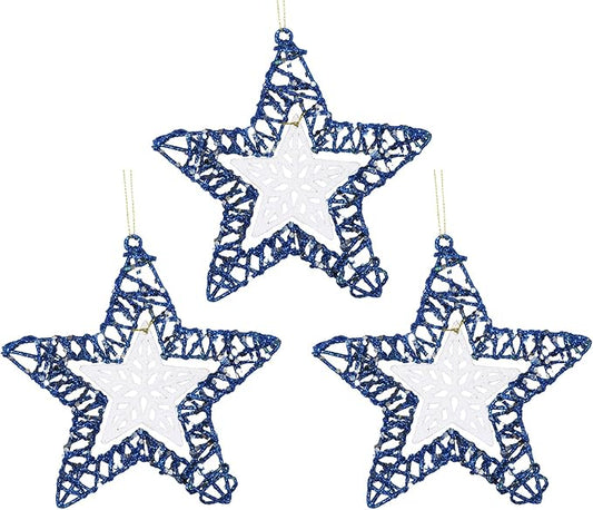 Set of 3 Star Christmas Hanging Ornaments, Glitter Star for Holiday Decorations, Winter Christmas Window Hanging - 6" Diameter (Blue)