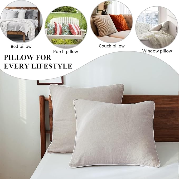 Simple&Opulence 100% Linen Euro Sham Covers with Piping Trim, 26"x26" Pillow Cover Set of 2, Breathable Pillow Shams for Bed Couch Decorative Cushions, Linen