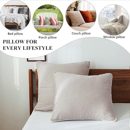 Simple&Opulence 100% Linen Euro Sham Covers with Piping Trim, 26"x26" Pillow Cover Set of 2, Breathable Pillow Shams for Bed Couch Decorative Cushions, Linen