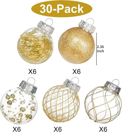 Clear Christmas Ball Ornaments, 30ct 2.36" Gold Shatterproof Xmas Ball Decorations Set Decorative Hanging Ornaments for Christmas Tree Home Office Decor Gift for Christmas Party Wedding