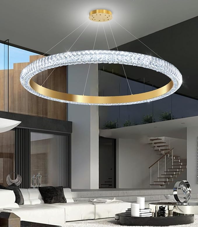 40" 1 Ring Crystal Chandelier Modern LED Dimmable Ring Pendant Light Chandelier for Dining Room Living Room Gold