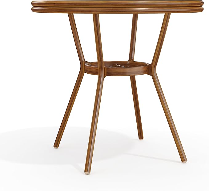 Martha Stewart Lily Pond 31” Round Indoor-Outdoor Bistro Dining Table with Aluminum Frame in Natural Woodgrain and Rattan Top in White/Navy with Tempered Glass Top