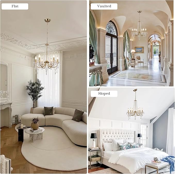 Crystal Gold Chandeliers for Dining Room, Modern Crystal Brass Chandelier Light Fixture, Vintage Pendant Light for Living Room Bedroom Bathroom Entryway Hallway E12 Bulbs D19 in x H24 in
