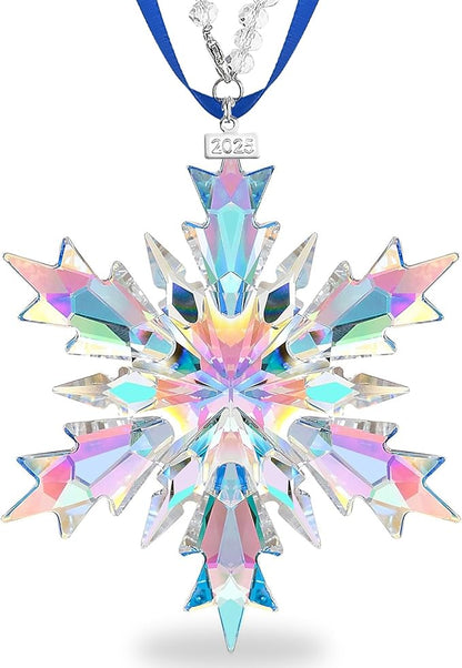 2025 Annual Christmas Ornaments Crystal Snowflake Star, Clear Multi Color Faceted Crystal with Tone Metal Accents and Rayon Ribbon-New Year Christmas Tree Ornament Wedding Party Window Hanging Decor