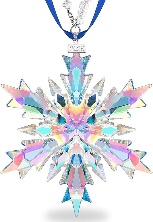 2025 Annual Christmas Ornaments Crystal Snowflake Star, Clear Multi Color Faceted Crystal with Tone Metal Accents and Rayon Ribbon-New Year Christmas Tree Ornament Wedding Party Window Hanging Decor
