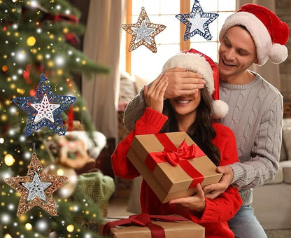 Set of 4 Hanging Star Christmas Ornaments, Glitter Star for Holiday Decorations, Winter Christmas Window Hanging Decor, 6" Diameter (Gold and Blue)