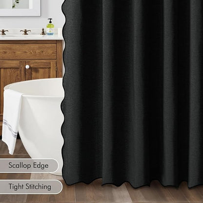 MIULEE Black Scalloped Shower Curtain Linen Textured with 12 Metal Hooks Cute Heavy Duty Washable Waterproof Thick Cloth Halloween Shower Curtains with Black Border for Bathroom Hotel Bathtub,W72*L72
