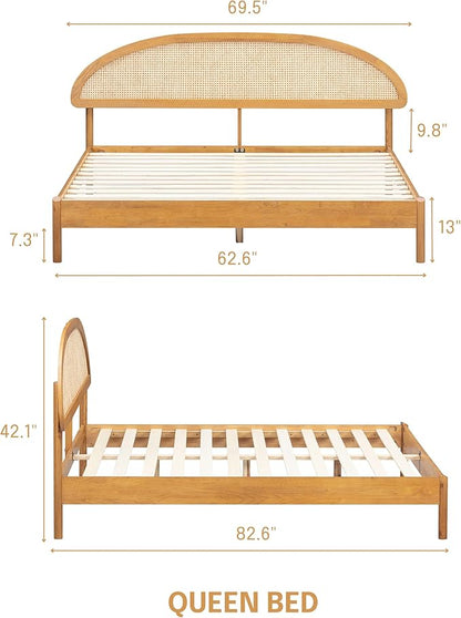 NTC Gem Wooden Bed Frame with Headboard and Natural Rattan, Solid Oak/Rubber Wood Foundation with Silent Slats, 1000 Lb Capacity, Effortless Assembly (Natural Cane - Rustic Oak, Queen)