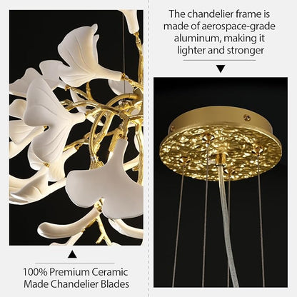 Modern 23.6'' Gold and White Ceramic Ginkgo Leaf Tree Branches Chandeliers, Dining Room Chandelier Over Table, Round Chandelier for Living Room,for Foyer, Kitchen, Bathroom, Bedroom