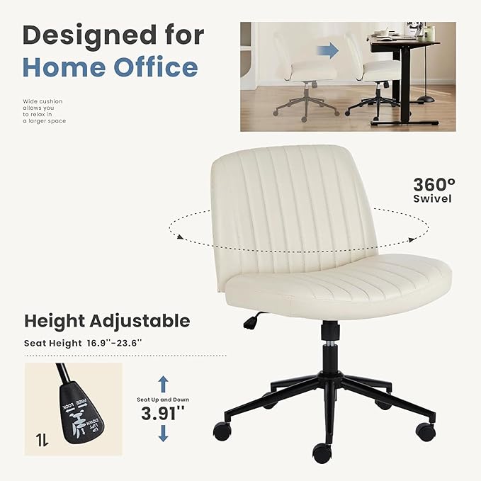 DUMOS Criss Cross Chair with Wheels, Legged Office Armless Wide Desk Seat Dual-Purpose Base, Adjustable Swivel Leather Task Vanity Home Desk Seating, Cream