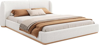 King Size Bed Frame, Upholstered Cloud Boucle Platform Beds Frames with Headboard, Anti-Collision Soft Rounded Corners Footboard, No Box Spring Required, Easy Assembly (36" White, King)