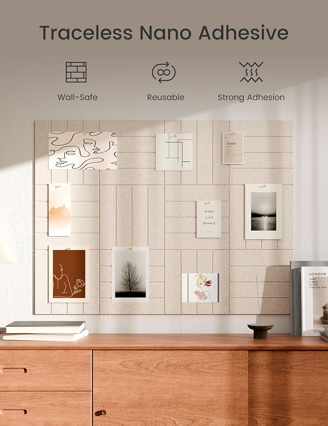 Bumusty Large Cork Board Alternative-47 x35 Felt Bulletin Board Tiles, with 30 Pushpins, 70 Adhesive Tabs, 12-Pack Slat Wall Paneling, Cork Boards for Office Push Pin Board Felt Board-Oatmeal