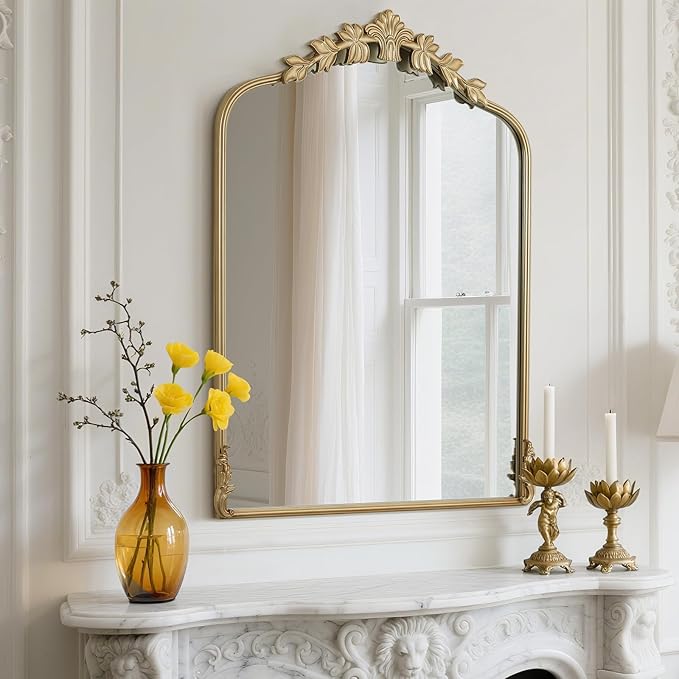 WallBeyond Gold Antique Mirror for Vanity 28x36 Inch, Gold Vintage Mirror with Ornate Frame, Arched Vintage Wall for Bathroom, Living Room, Fireplace