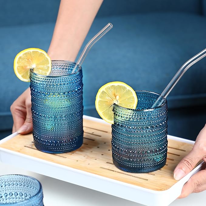 Large Hobnail Drinking Glasses Set of 6,15oz Blue Vintage Glassware,Embossed Glass Cups,Water Tumbler,Highball Glasses For Beer, Juice And Various Mixed Drinks